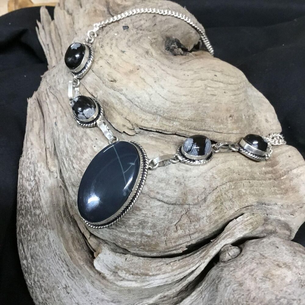 Black Agate with Snowflake Obsidian one of a kind  gothic southwestern necklace